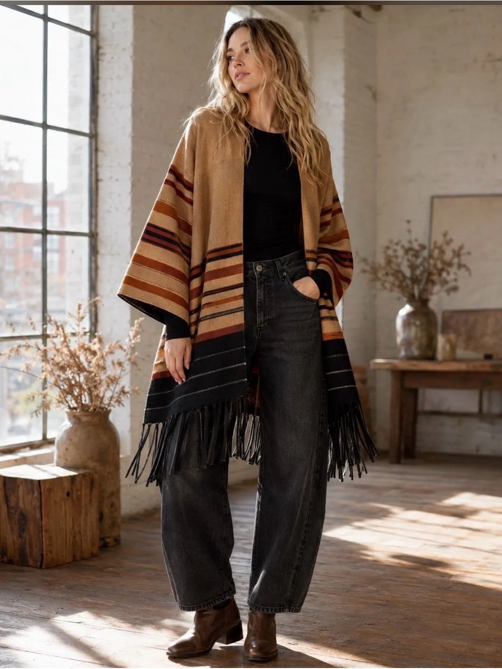 449. Southwest Aztec Fringe bohemian boho Poncho Sweater